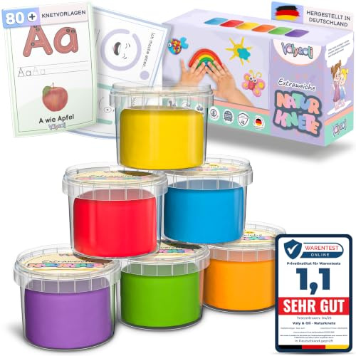 Valy&Oli® Vegane Knete ab 1 Jahr | Made in Germany | Knetvorlagen E-Book | Extraweiche Kinderknete | Sorglos Spielen | Fördert Kreativität & Feinmotorik | XL Set 6×100 g | Klassikfarben