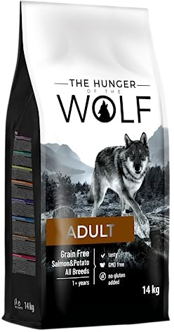 The Hunger of the Wolf Hundefutter für ausgewachsene Hunde aller Rassen und für Hunde mit Allergien, Fein zubereitetes Trockenfutter ohne Getreide mit Lachs und Kartoffeln - 14 kg