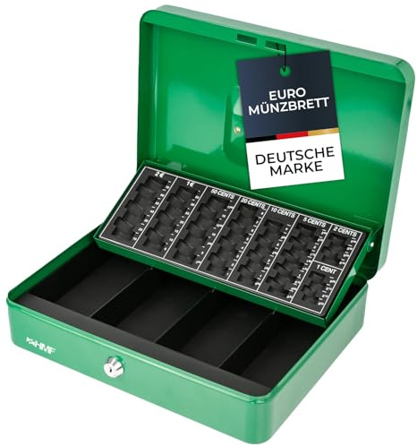 HMF Geldkassette abschließbar, Kasse mit Euro Münzzählbrett, 4 Banknotenfächer | 30,5 x 24 x 9 cm | Grün