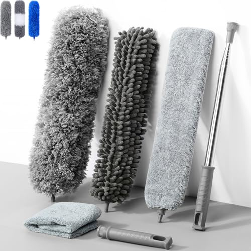 Staubwedel Teleskop Waschbar,Staubwischer Teleskop Stange und Biegbar Eckbesen,Duster Mikrofaser Edelstahl mit teleskopstange lang ausziehbar bis 245cm,Lücken Decken Spinnweben Grau 6