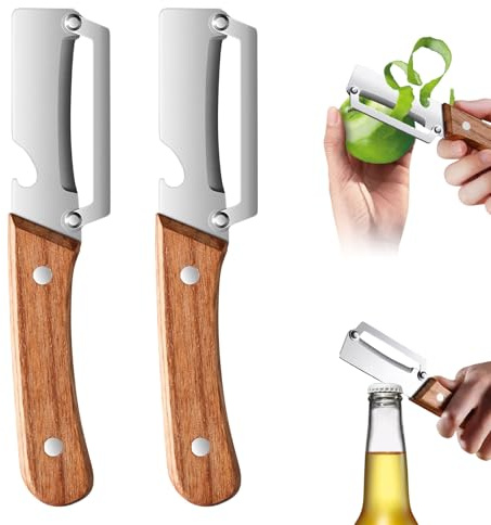 2 in 1 Multifunktions-Gemüseschäler für die Küche mit ultrascharfer Edelstahlklinge und ergonomischem Holzgriff – müheloses Schälen von Kartoffeln, Äpfeln, Karotten und Öffnen von Weinflaschen