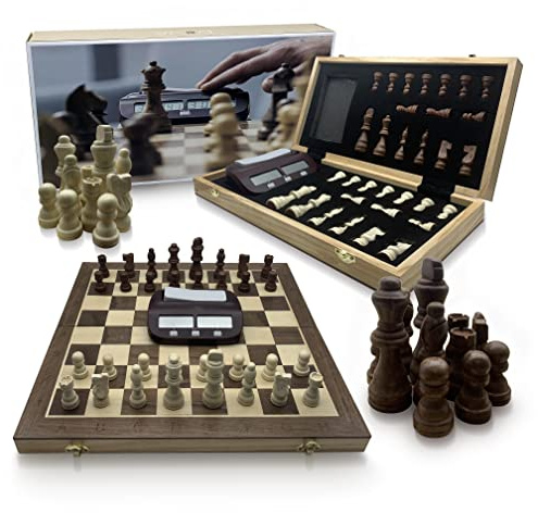 DOJA Barcelona | Klappbar Schachspiel Holz mit Schachuhr | 39x39 | Profi Schachbrett Hochwertig für unterwegs mit Digital Uhr | Staunton Brettspiel | Schach Magnetisch/Chess Board Set