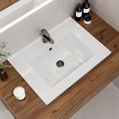 HOROW Waschbecken 60 cm Eckig, Einbauwaschbecken mit Überlauf, nano-beschichtet, weißes Keramik waschbecken mit Wasserabweisendem Streifen für Moderne Waschplätze
