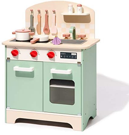 ROBUD Spielzeug Kinderküche, Holz Spielküchen Zubehör mit Schneiden Gemüse Lebensmittel, Backenofen, Kinder Küche für Kinder & Kleinkinder ab 3 Jahren|Grün