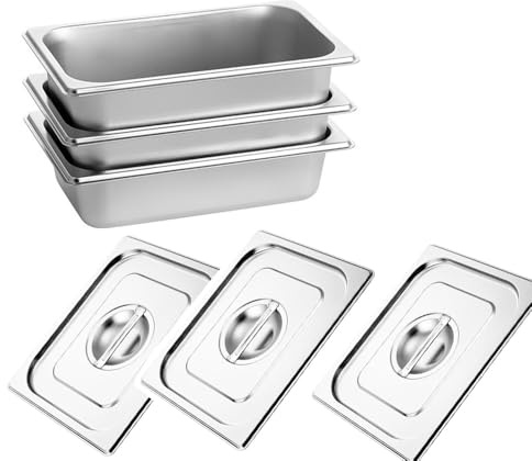 Panierschalen Set 3-Teilig, Edelstahlbehälter mit Deckel, Panier-Set aus Edelstahl, Schale zum Panieren, Ideal zum Speisen und Chafing Dish, 32.5×17.6×6.5 cm