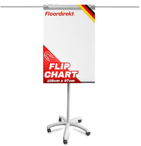 Floordirekt Flipchart mit Rollenfuß Ständer, Blockhalter & Seitenarmen - magnetisch & beschreibbar & höhenverstellbar - Whiteboard Tafel Magnettafel - Flipchart Board mit Ablageschale Pira