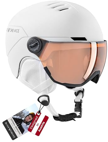 Black Crevice Kinder-Skihelm Cortina I Skihelm mit Vollvisier & Belüftung I Snowboardhelm für Jungen & Mädchen I Mit Ohrpads & Skibrillenhalterung I Größenverstellbar (Weiß, XS)