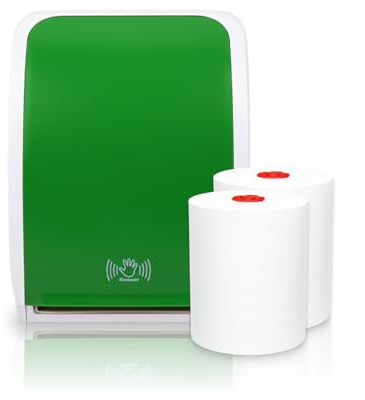 Blanc HYGIENIC COSMOS Sensor-Handtuchspender Grün-Weiß + 2 TAD-Rollen | Günstig & ergiebig für hochfrequentierte Bereiche; berührungslose Einzelblattausgabe, 3 Blattlängen, Sensor-/Auto-Feed-Modus