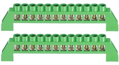 Set mit 2 grünen neutralen 12-Positionen-Klemmenblöcken für Busleiste aus Messing mit Schraubklemmen für Elektrokasten
