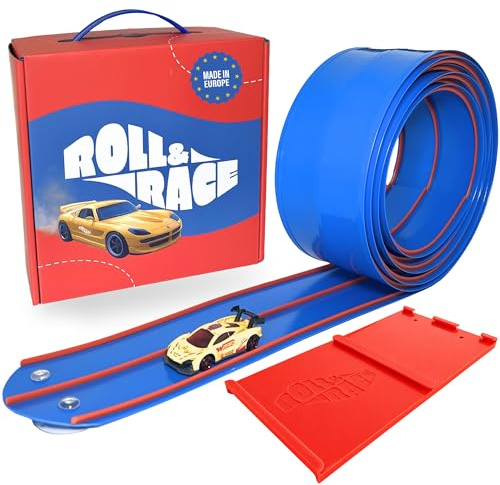 Roll&Race Flexible Autorennbahn 400cm - Made IN EU - Aufrollbare Rennstrecke Kinder - Kompatibel mit Spielzeugautos - Auto Rennbahn mit Transportkoffer - Gummistrecke
