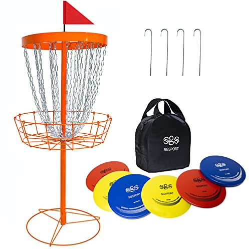 SGSPORT Disc Golf Korb mit Scheiben | Tragbare Disc Golf Ziel mit robuster 24 Ketten Disc Golf Course Basket, kommt mit 6 Disc Golf Discs mit Tragetasche