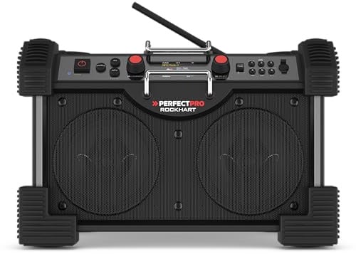 PerfectPro Baustellenradio ROCKHART, DAB+ und UKW-Empfang, Bluetooth, AUX-Eingang und USB-Eingang, Powerbank, Inklusive Ladegerät und Lithium-Akku, RH4