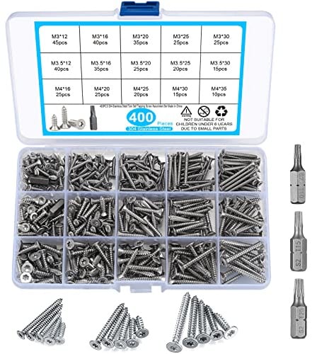 400 Stück Selbstschneidendes Schrauben-Sortiment-Set, Edelstahl-Senkkopf-Torx-Selbstbohrschrauben, Holz-Trockenbauschrauben mit Bohrer-M3/M3,5/M4, 12mm/16mm/20mm/25mm/30mm/35mm-Silber