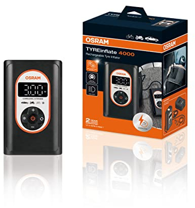 OSRAM TYREinflate 4000, wiederaufladbarer und kabelloser Reifenfüller, programmierbarer digitaler Luftkompressor mit Auto-Stopp und LED-Licht, Reifenbefüllung in 3,5 Minuten