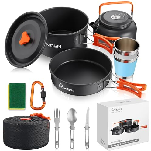 HOMGEN Camping Kochgeschirr Sets Campinggeschirr Set für 2-3 Personen Outdoor Camping Geschirr Set Aluminium mit Töpfe und Pfannen für BBQ Picknick Wandern
