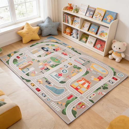 TYKTZXY Autoteppich Spielteppich Straße ，Kinderteppich Jungen Straßenteppich，Bauteppich Fahrzeug Teppich Kinder(80×120cm,31×47inch)