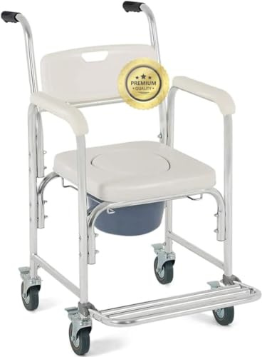 OrtoPrime WC-Duschstuhl mit Rädern und klappbaren Füßen — 3-in-1 — Stuhl mit eingebauter Toilette — tragbarer Toilettenstuhl für ältere Menschen — Duschrollstuhl — Geriatrischer Badezimmerstuhl