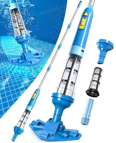LanBlu Poolsauger Akku mit Teleskopstange, 60L/Min Pool Staubsauger Starker Saugleistung, 5200mAh Batterie Poolsauger Bodensauger Laufzeit bis zu 90 Minuten, Akku Pool Sauger Kabellos für Spas Blau