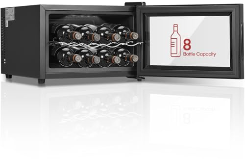 FOHERE Weinkühlschrank für 8 Flaschen, 22 Liter, Tisch-Weinkühlschrank mit Glastür, LED + Digitalanzeige, Getränkekühlschrank, 8-18 °C, Einzelzone
