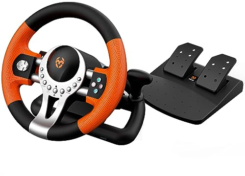 KROM K-Driver – Gaming-Lenkrad mit Pedalen und Vibration, kompatibel mit PC, PS3, PS4 und Xbox One, mit Schalthebel, Schaltwippen und 12 Tasten, USB-Anschluss für Rennspiele