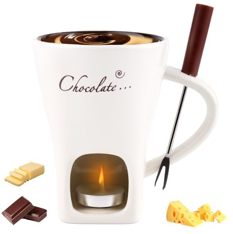Gosknor Schokoladenfondue-Tasse mit Gabel, Süße Schmelztasse mit Teelichtern für Schokolade Käse Desserts Keramikfondue-Set Geschenk für Romantische Abende Geburtstage Jubiläen Hochzeiten (Weiß)