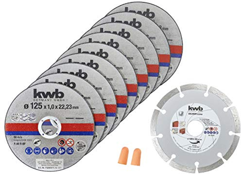 kwb Trennscheiben-Set 125 mm für Metall und Stein, 10-teiliges Set Dünntrennscheiben und Diamanttrennscheibe, Hochpräzisionszubehör für Winkelschleifer, Inkl. Aufbewahrungsdose und Gehörschutzstöpsel