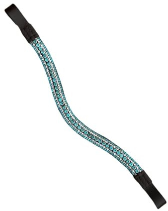 Equipride Pferde-Stirnband, -Stirnriemen, mit attraktiver Bogenform; glänzende, funkelnde Strasssteine, türkis, Black Leather, Pony 14