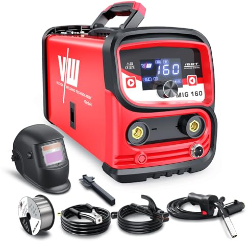 VECTOR WELDING MIG MAG Schweissgerät 160 A, Fülldraht Schweißgerät Set für Anfänger, IGBT Schutzgasschweißgerät mit Digitales Display Gasfrei-Funktion Schutz gegen Überhitzung