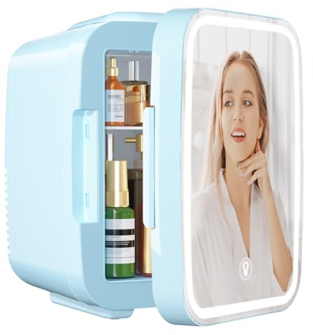 YASHE Mini Kühlschrank, Skincare-Kühlschrank mit LED-Lichtspiegel, 4-Liter-Kleinkühlschrank tragbar, 220V AC / 12V DC Thermoelektrische Heizung und Kühlung für Auto, Büro, Wohnheim (Blau)