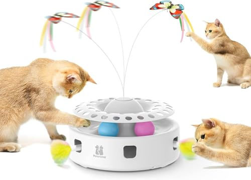 Potaroma 3-in-1 Katzenspielzeug mit Feder, Schmetterling und Ballbahn | Elektrisch und automatisch, Betrieb per USB oder Batterien, interaktives Bewegungsspielzeug für Wohnungskatzen