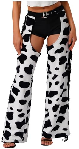 LiiYii Kostüm Einer Cowgirl Westlicher Anzug Für Erwachsene Damen Cowboyhose Für Halloween Karneval Hose Mit Schwarz Weißer Kuhmuster Hosen Schwarz Weiß M