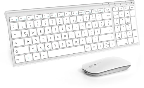 seenda WGJP-031B Tastatur Maus Set Kabellos, QWERTZ Layout, Weiß & Silber | Wiederaufladbare Aluminium Tastatur mit kompaktes, Ultradünne Funktastatur mit Maus für PC/Laptop/Smart TV