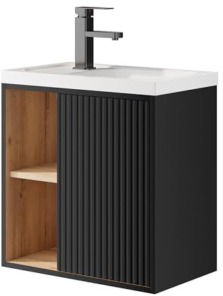 UEV Waschtisch mit Unterschrank hängend 50,5cm,Gäste-WC Waschtisch kleine, Waschbecken mit Wasserhahn, Waschtischunterschrank, Waschplatz ausreichend Stauraum,Badmöbel Set für Badezimmer schwarz