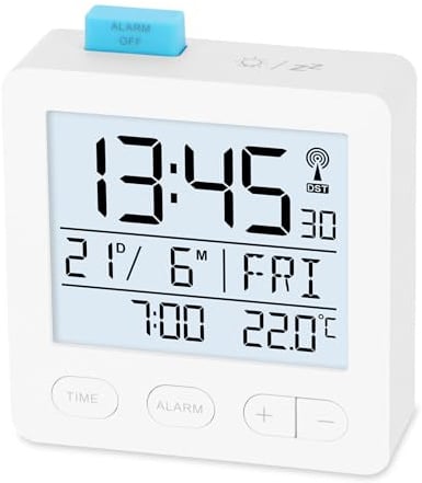 ADE Funkwecker digital mit Batterie | Funkuhr mit Licht | Uhr mit Temperaturanzeige | Reisewecker | mit Thermometer und Datumsanzeige | weiß