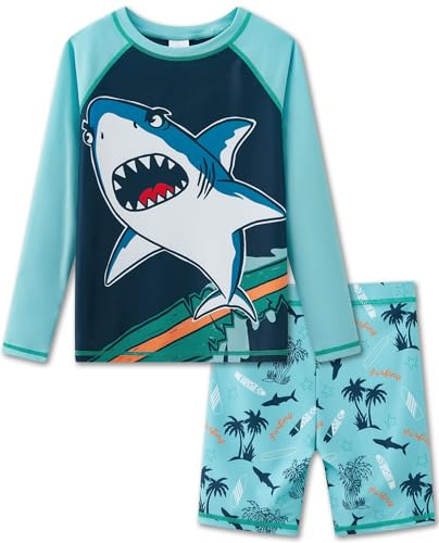 UMELOK Jungen Bade Set UPF 50+, Zweiteiliger Rash Guard und Schwimmshorts mit Niedlichen Tieren Motiv, Sonnenschutz für Kinder