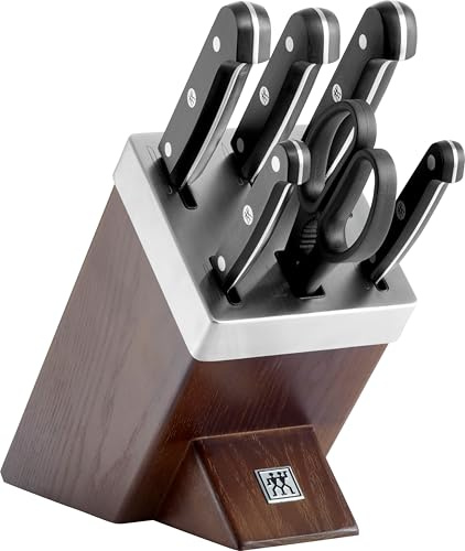 ZWILLING Gourmet Selbstschärfender Messerblock, Made in Germany | 7-teilig: 5 Messer, 1 Küchenschere, 1 Holzblock; Rostfreier Spezialstahl, Braun