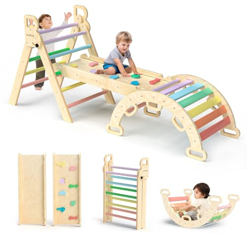 BlueWood 7-in-1 Montessori Kletterdreieck mit Kletterbogen und Rutsche, Holzdreieck für Kleinkinder, Indoor Kletterspielzeug für Kleinkinder, klettergerüst Indoor ab 1 Jahr