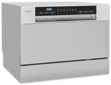 Exquisit GSP5206-030D Tischgeschirrspüler - 6 Maßgedecke - Silber | Mini Spülmaschine mit 7 Programmen, Extra-Trocknung und Auto Door Open - Kompakter Geschirrspüler für kleine Küchen