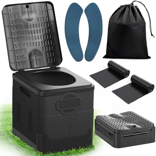 SaiXuan Tragbares Klapptoiletten-Set, 25 L Groß, Maximale Tragung 150KG, 24 Beutel Müllbeutel,Transporttasche, Toilettensitzpolster, Mobile Toilette für Camping, Wohnmobil,Wandern (Reines Schwarz)
