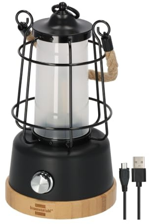 Brennenstuhl LED Akku Campinglampe CAL 1 (350 lm, IP44, bis zu 75h Leuchtdauer, stufenlos dimmbar, Farbtemperatur einstellbar, wiederaufladbare USB Outdoor Lampe mit Hanfseil und Bambussockel)