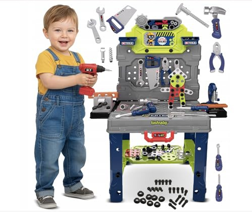 Kinderplay Kinder Werkbank 132 TLG mit Werkzeugset und Bohrmaschine, Werkstatt für Kinder ab 3 Jahren, 2 in 1 Werkbank Koffer, Werkzeugbank Spielzeug für Jungen und Mädchen