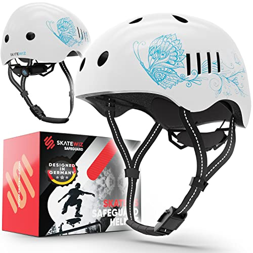 SKATEWIZ Fahrradhelm | Helm Fahrrad, Leichter Skaterhelm, Mountainbike Helm, Größe L in Weiß-Blau, Fahrradhelm Damen, Fahrradhelm Frauen