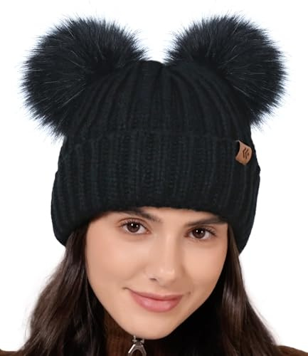 Creekstone Bommelmütze Damen Mädchen, Beanie Wintermütze mit Kunstfell-Doppel-Pom, warme Strickmütze Mit Fleece gefütterte (DE/NL/SE/PL, Alphanumerisch, Einheitsgröße, Schwarz)