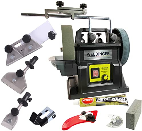 WELDINGER Nass- Schleifmaschine NSM 200 vario 90 W Drehzahl regelbar mit 5-teiligem Haushaltsset HHS-22 (Schleifgerät Doppelschleifgerät Naßschleifer Schleifer 5 Jahre Garantie)