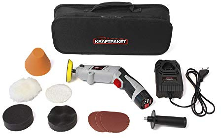 Dino KRAFTPAKET 640256 10.8V-Akku Poliermaschine Multiplex 75mm-Teller 600-3.000U/min mit drehbarem Gehäuse für Stab-oder Pistolenform. Komplett-Set mit Pads Polierteller Schnelladegerät, Tasche, Grau