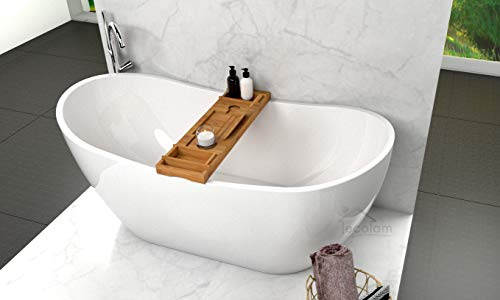 ECOLAM exklusive freistehende Badewanne Standbadewanne moderne Wanne freistehend Clara 170x80 cm + Ablaufgarnitur Click Clack Design Acryl glamour weiß (mit Bambus Ablage)