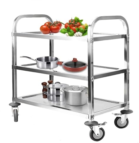 3 Böden Servierwagen Edelstahl Küchenwagen 835 x 750 x 400 mm Speisewagen | mit Bremsen Rollen Tragfähigkeit 110kg Transportwagen Service Wagen Rollwagen für Restaurant Hotel Schul Küche