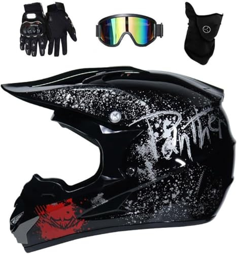 Full Face MTB Motocross Helmet Set, Off Road ATV Scooter Motorbike Helmet with Goggles Gloves Mask, Downhill Enduro Quad Dirt Bike Crash Helmet(Black,L(56~57cm))