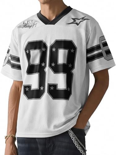 HAWILAND V Ausschnitt T Shirt Herren Oversized Football Trikot Kurzarm Sportshirt Herren Streetwear Y2K Hip Hop Outfit Weiß XL