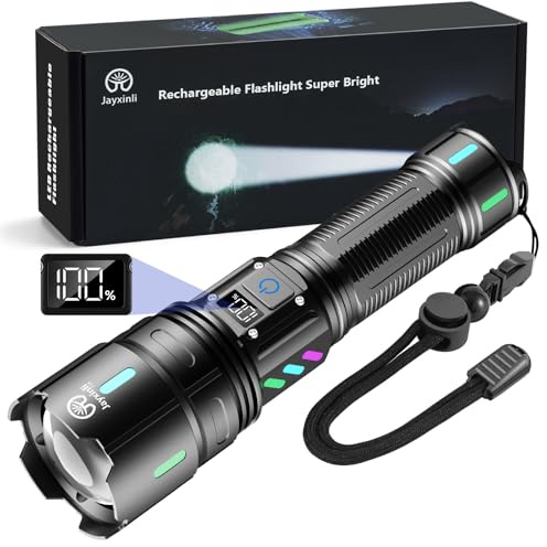 Jayxinli Taschenlampe LED Aufladbar 500,000 Lumen, Extrem Hell, Starke, 5 Lichtmodi, Zoombar, 5000 mAh Batte, IPX7 Wasserdicht Taschenlampen für Camping, Outdoor, Notfäll